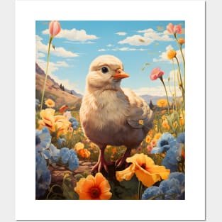 Retro Vintage Art Style Baby Chick in Field of Wild Flowers - Whimsical Farm Posters and Art